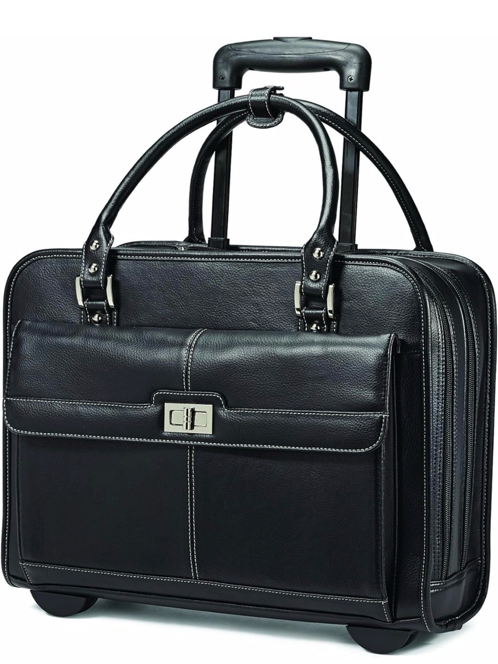 Black Rolling Leather Briefcase for Women. Laptop Bag.